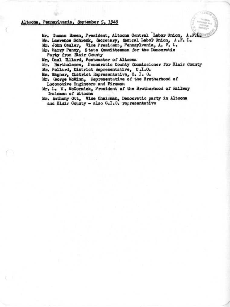 Appointments During the Labor Day Trip of President Harry S. Truman