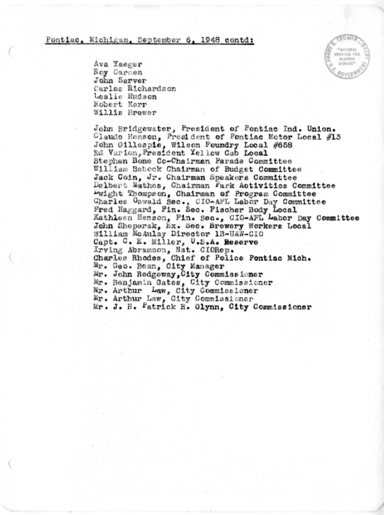 Appointments During the Labor Day Trip of President Harry S. Truman