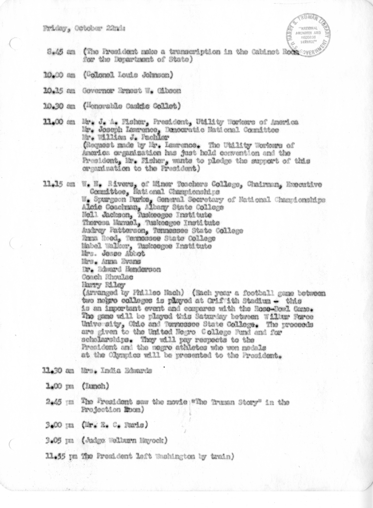 Daily Appointment Sheet for President Harry S. Truman