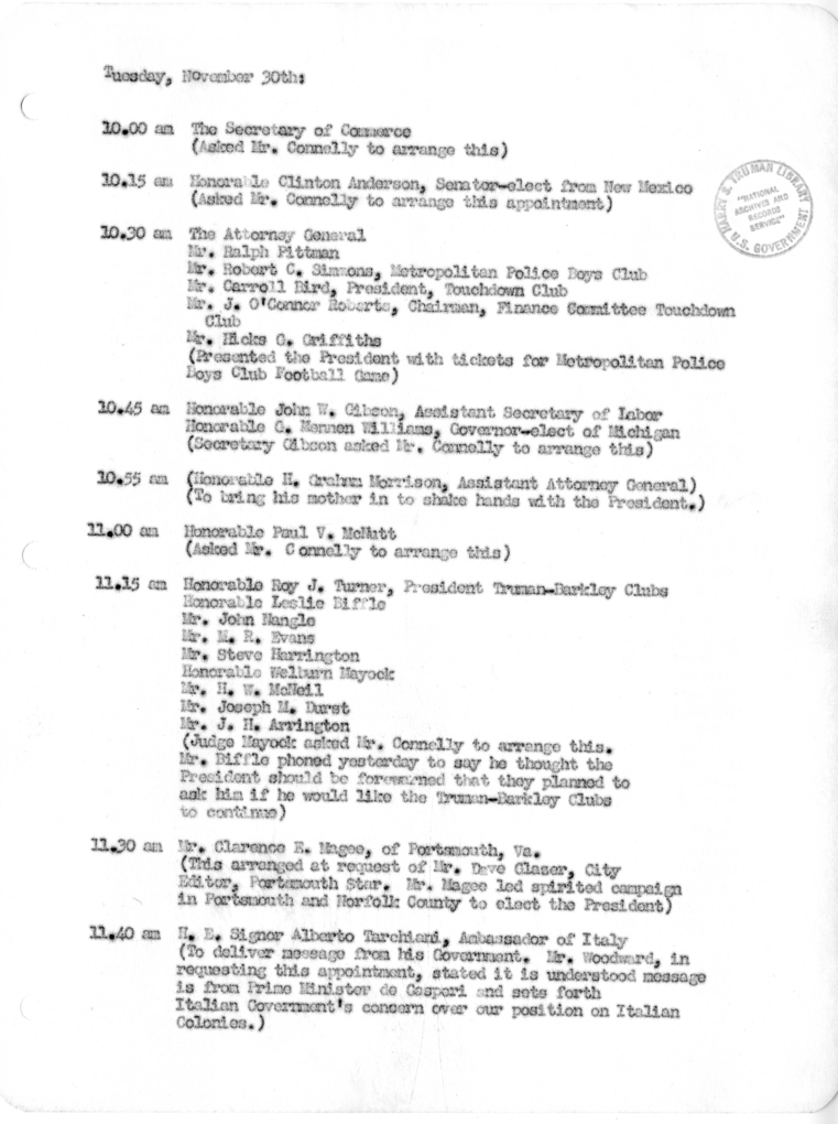 Daily Appointment Sheet for President Harry S. Truman