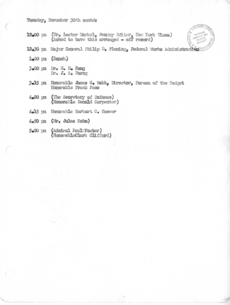 Daily Appointment Sheet for President Harry S. Truman