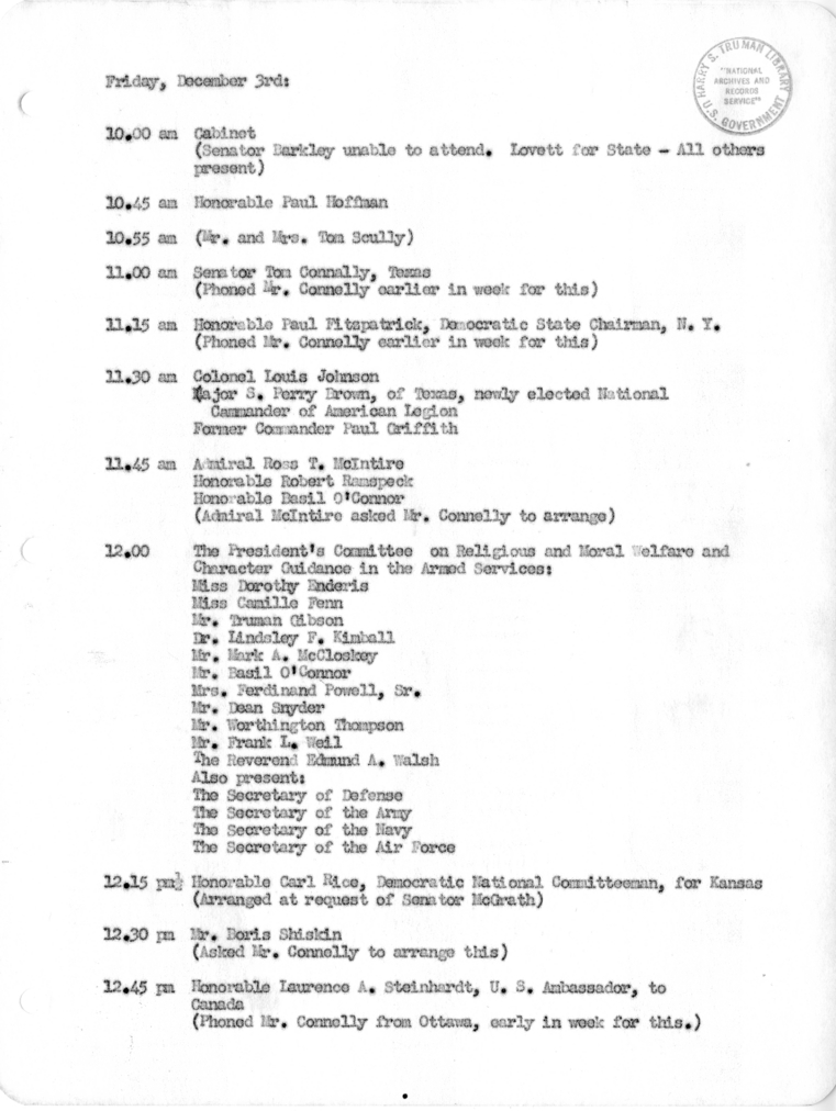 Daily Appointment Sheet for President Harry S. Truman