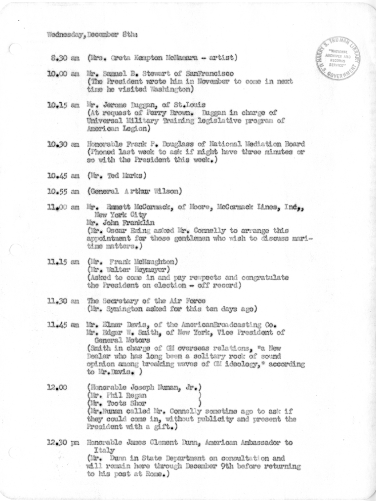 Daily Appointment Sheet for President Harry S. Truman