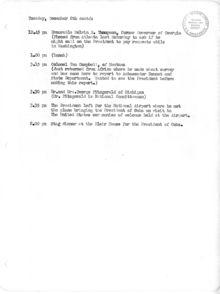 Daily Appointment Sheet for President Harry S. Truman