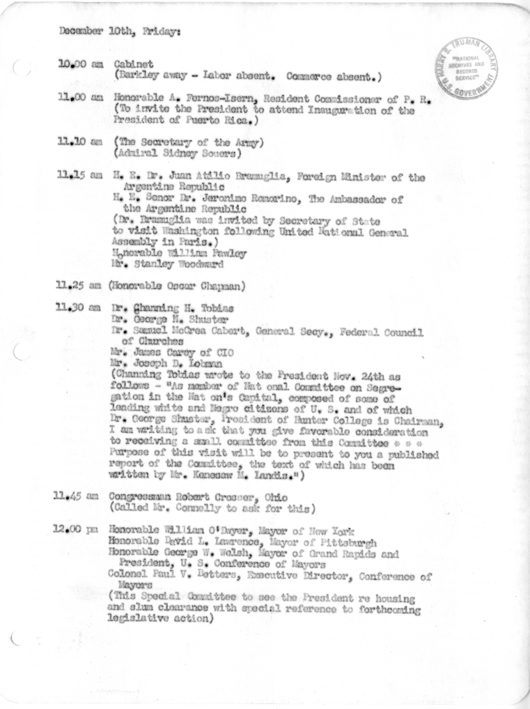 Daily Appointment Sheet for President Harry S. Truman