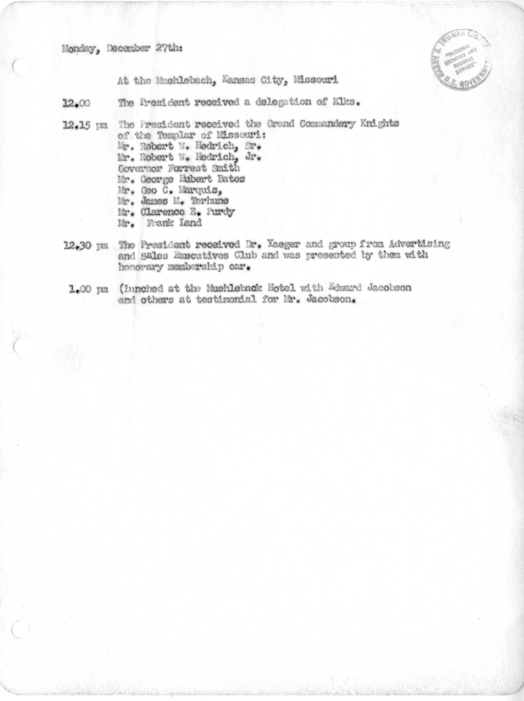 Daily Appointment Sheet for President Harry S. Truman