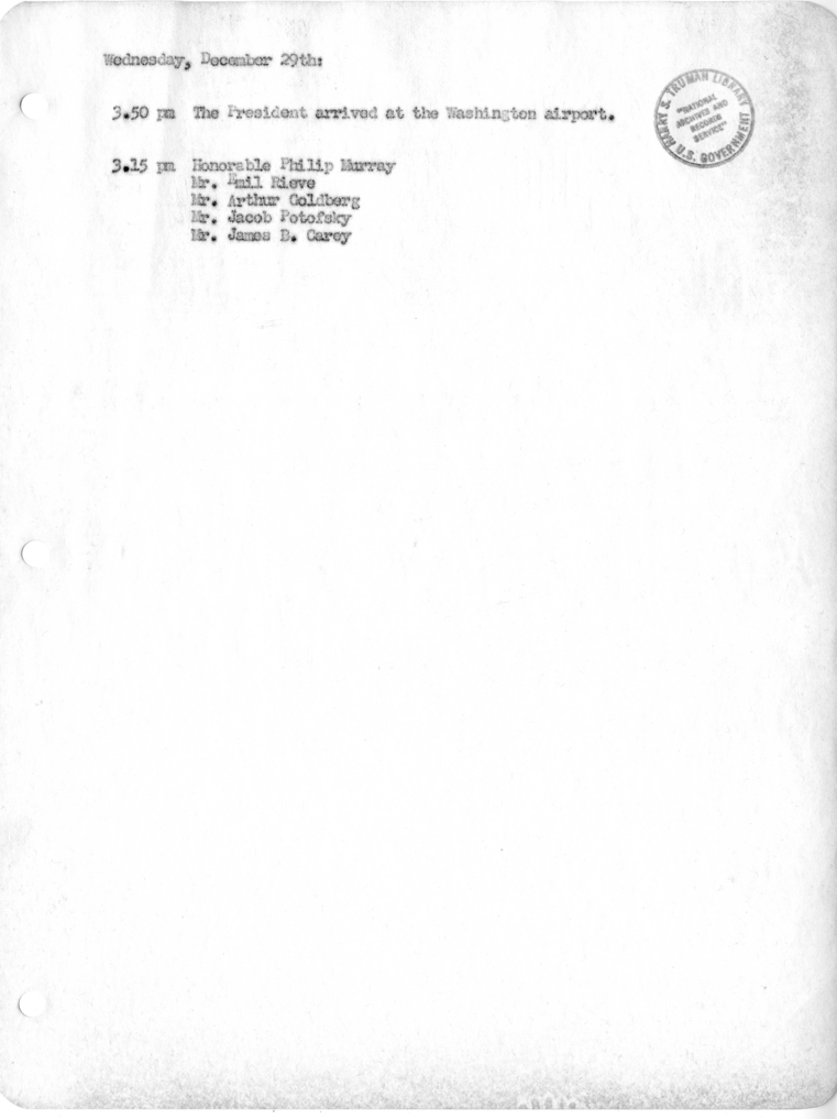 Daily Appointment Sheet for President Harry S. Truman