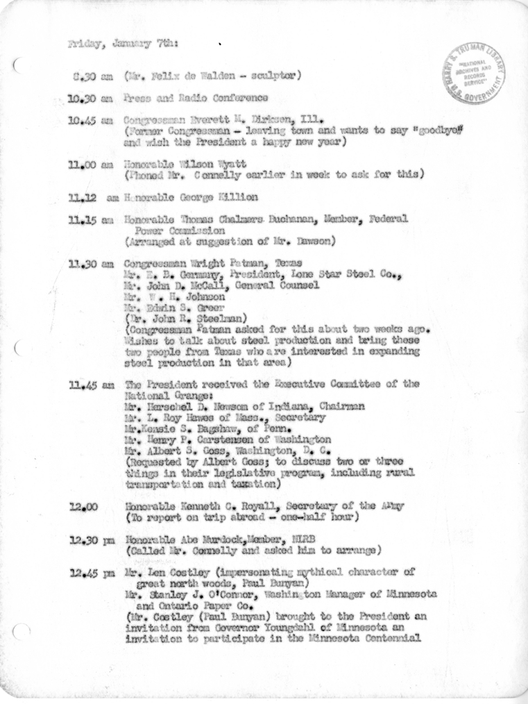 Daily Appointment Sheet for President Harry S. Truman