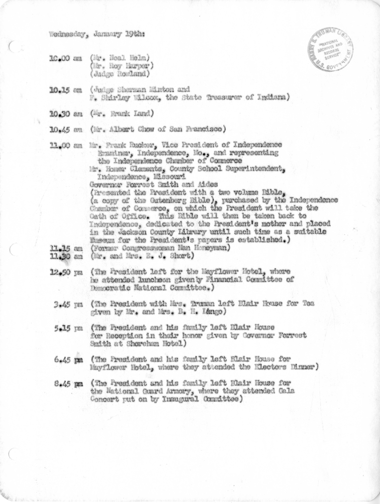 Daily Appointment Sheet for President Harry S. Truman