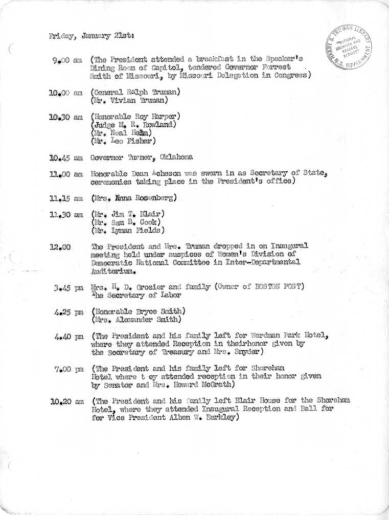 Daily Appointment Sheet for President Harry S. Truman