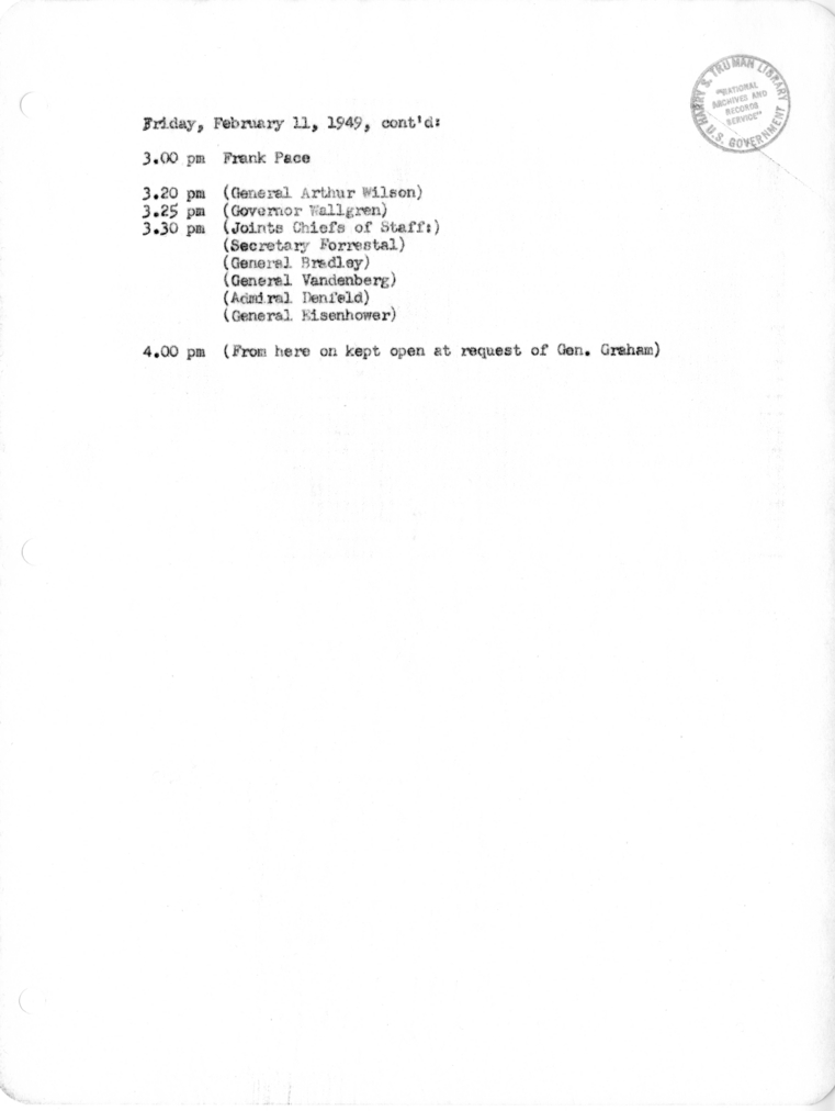 Daily Appointment Sheet for President Harry S. Truman