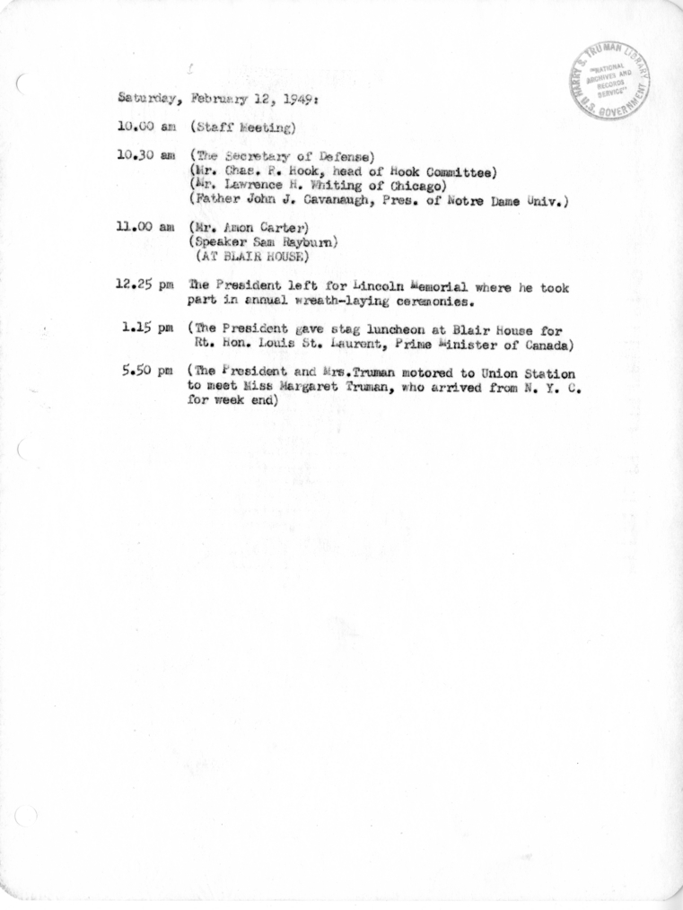 Daily Appointment Sheet for President Harry S. Truman