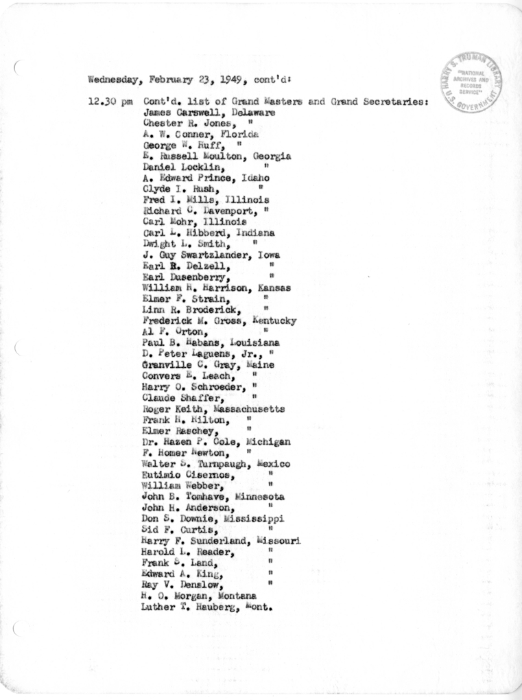 Daily Appointment Sheet for President Harry S. Truman