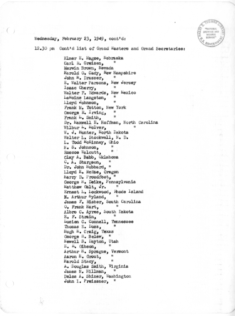 Daily Appointment Sheet for President Harry S. Truman