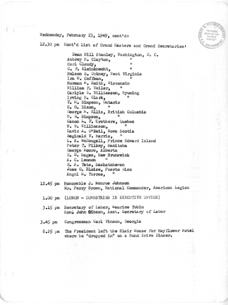 Daily Appointment Sheet for President Harry S. Truman