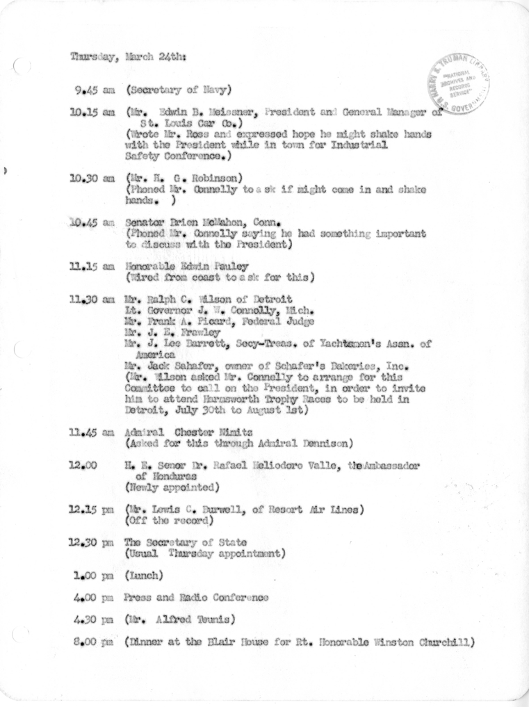 Daily Appointment Sheet for President Harry S. Truman