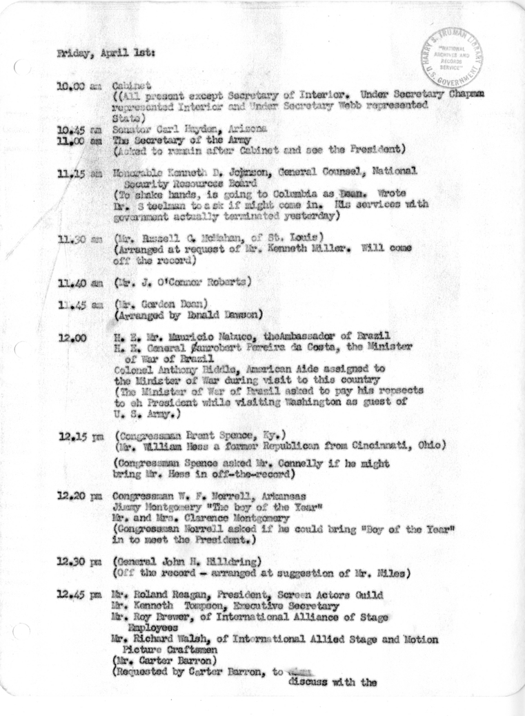 Daily Appointment Sheet for President Harry S. Truman