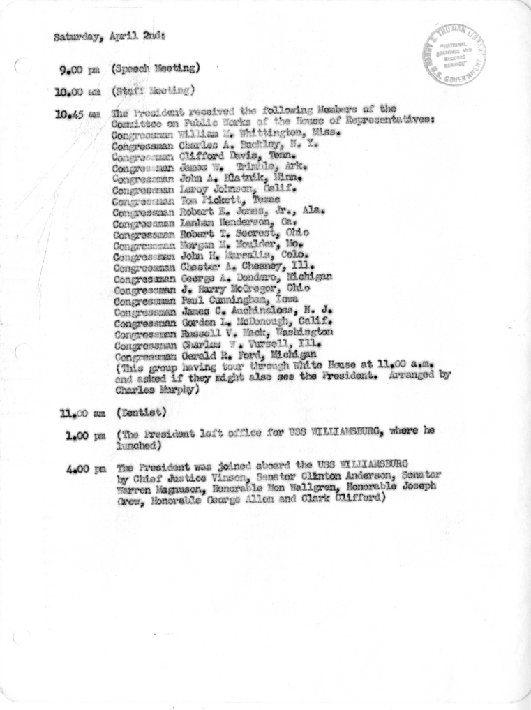 Daily Appointment Sheet for President Harry S. Truman