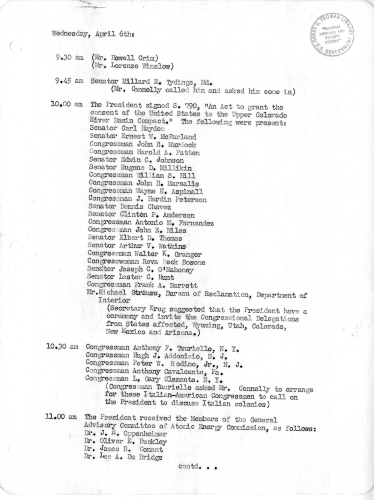 Daily Appointment Sheet for President Harry S. Truman