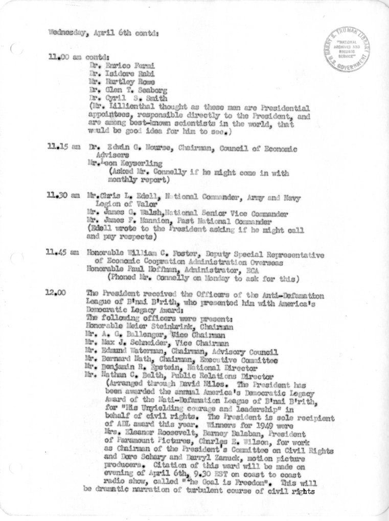 Daily Appointment Sheet for President Harry S. Truman