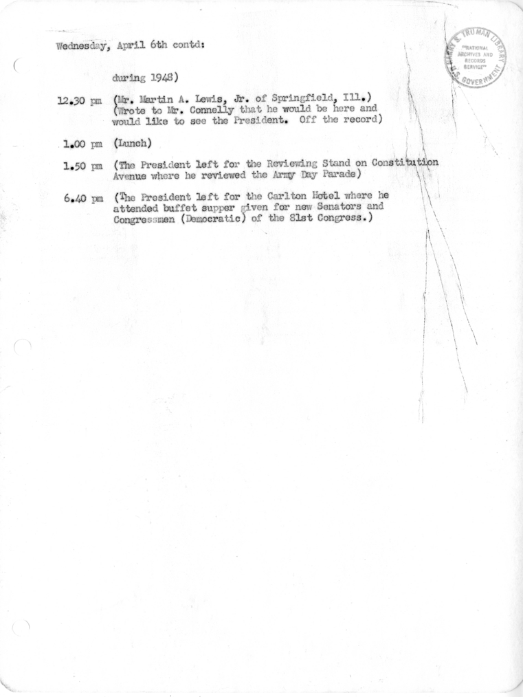 Daily Appointment Sheet for President Harry S. Truman