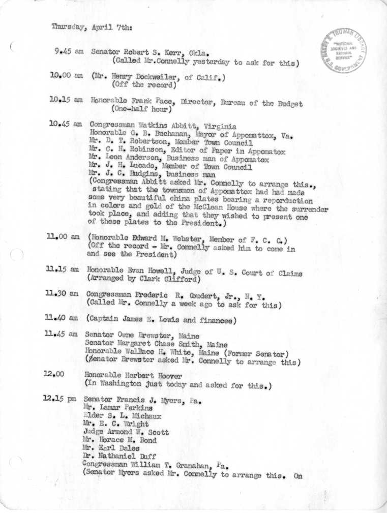 Daily Appointment Sheet for President Harry S. Truman