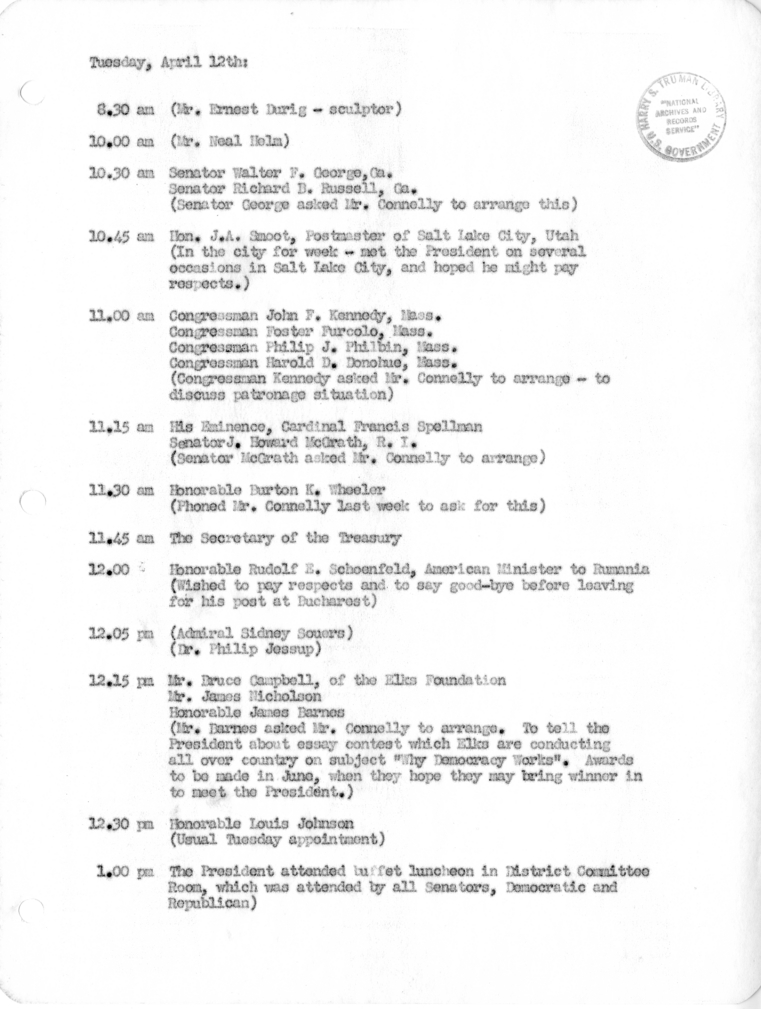 Daily Appointment Sheet for President Harry S. Truman