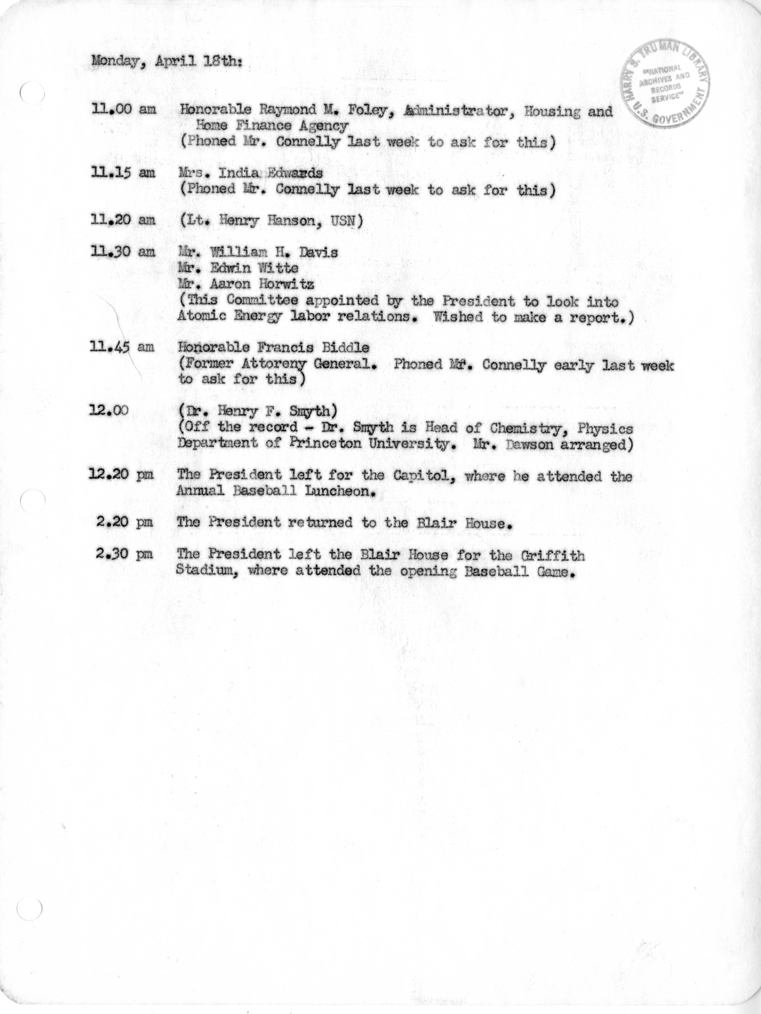 Daily Appointment Sheet for President Harry S. Truman