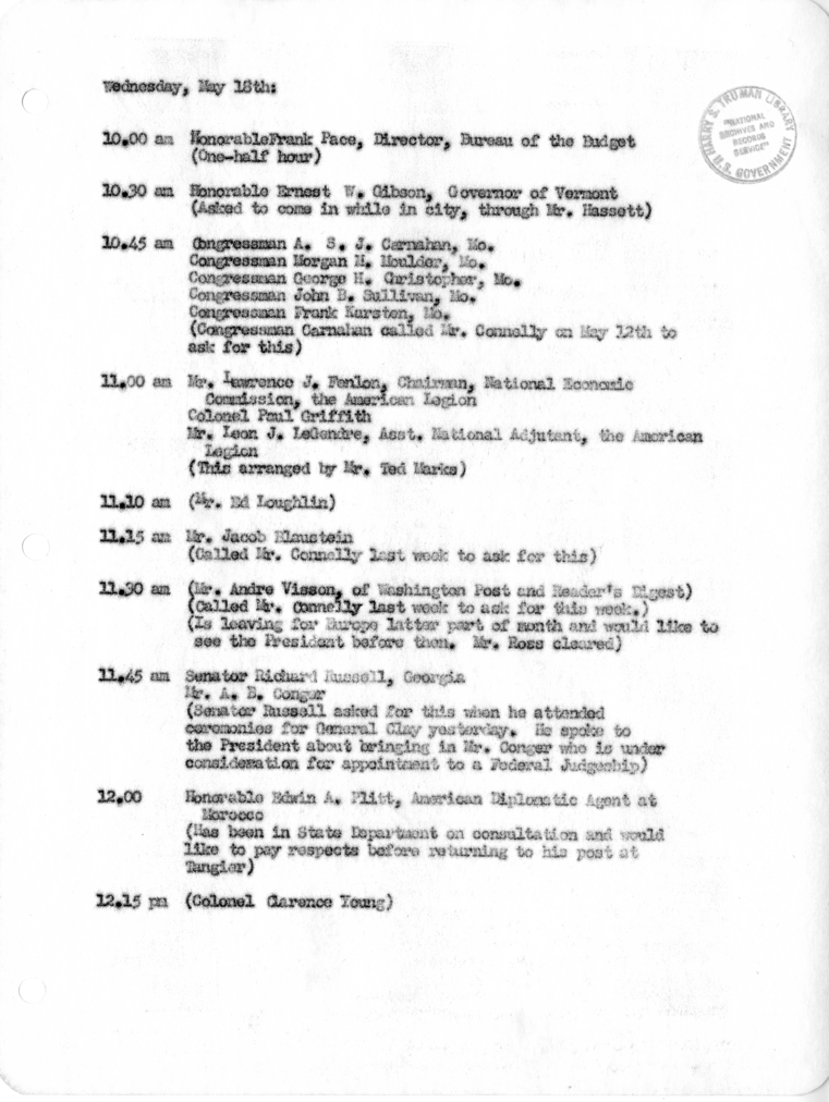 Daily Appointment Sheet for President Harry S. Truman