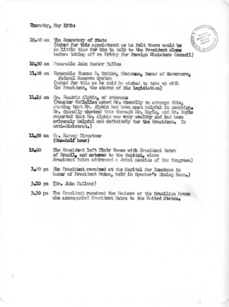 Daily Appointment Sheet for President Harry S. Truman