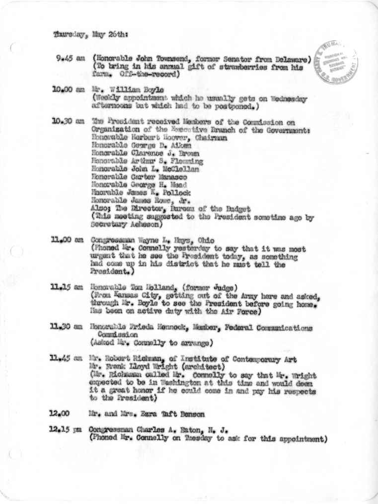 Daily Appointment Sheet for President Harry S. Truman