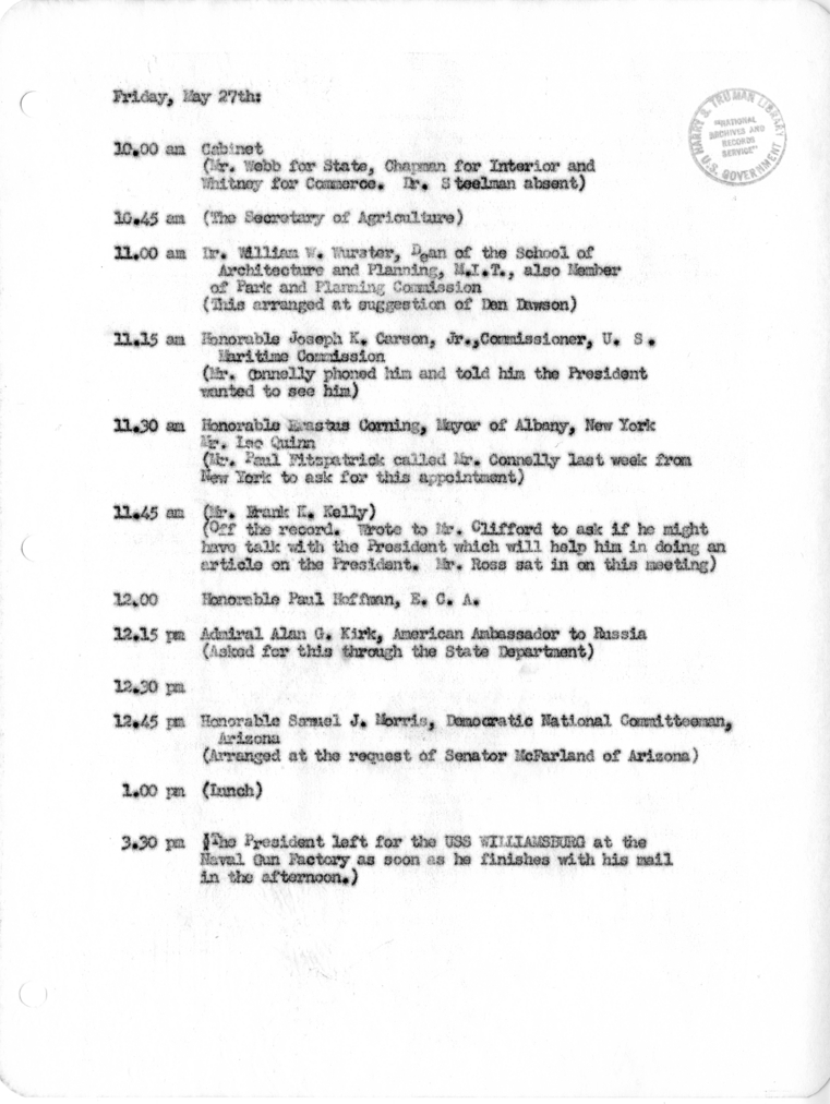 Daily Appointment Sheet for President Harry S. Truman