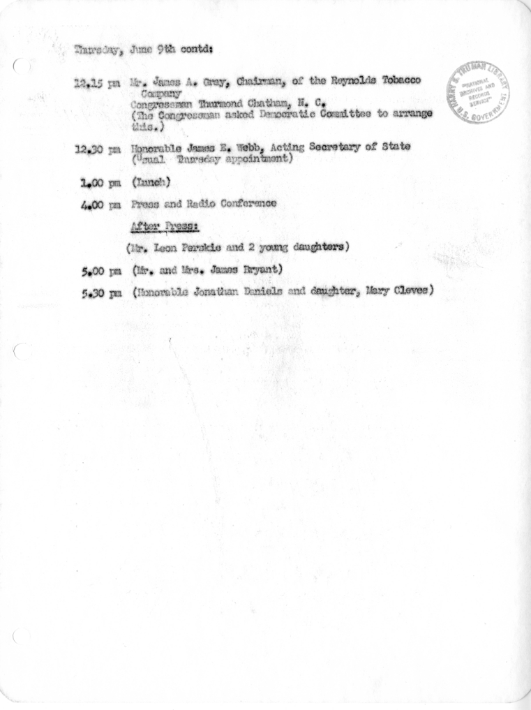 Daily Appointment Sheet for President Harry S. Truman