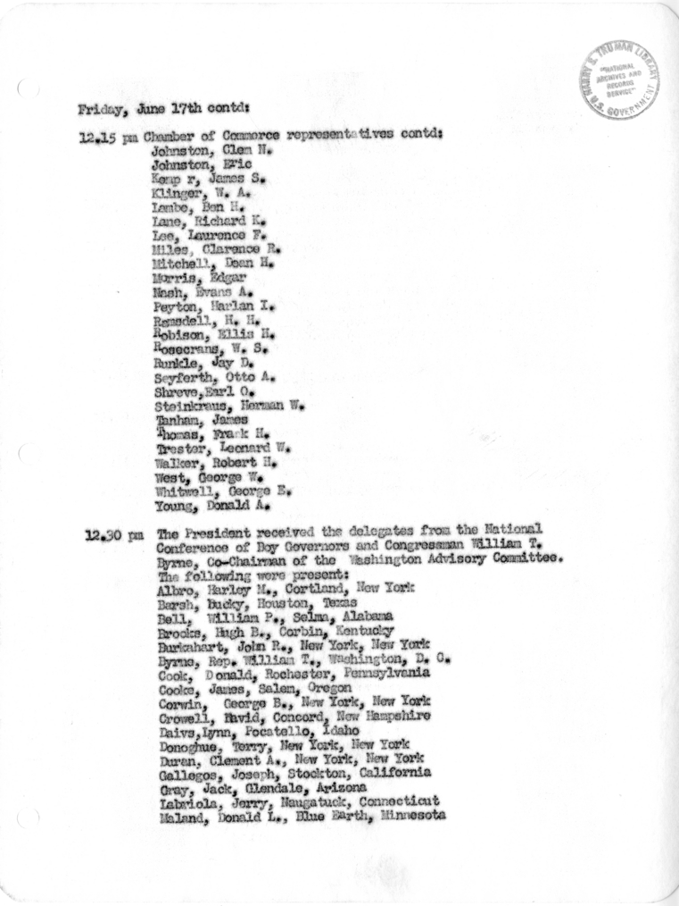 Daily Appointment Sheet for President Harry S. Truman