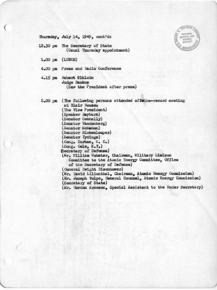 Daily Appointment Sheet for President Harry S. Truman