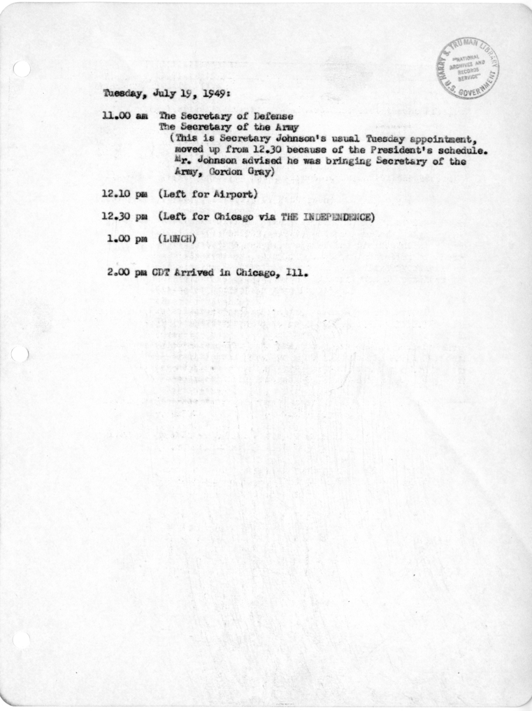 Daily Appointment Sheet for President Harry S. Truman