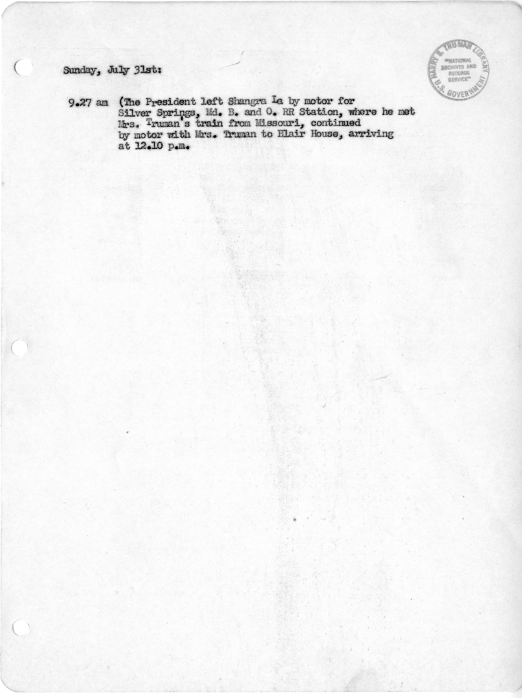 Daily Appointment Sheet for President Harry S. Truman