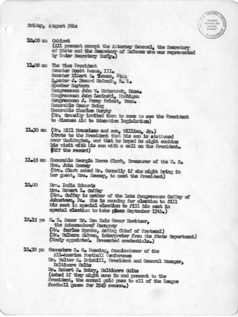 Daily Appointment Sheet for President Harry S. Truman