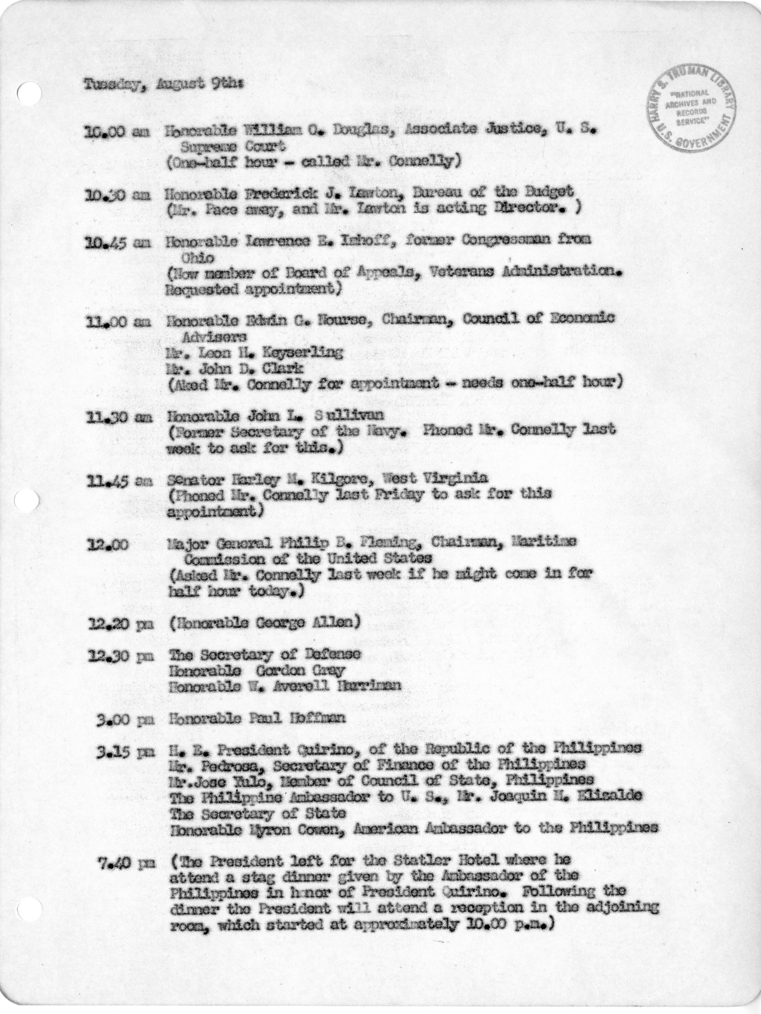 Daily Appointment Sheet for President Harry S. Truman