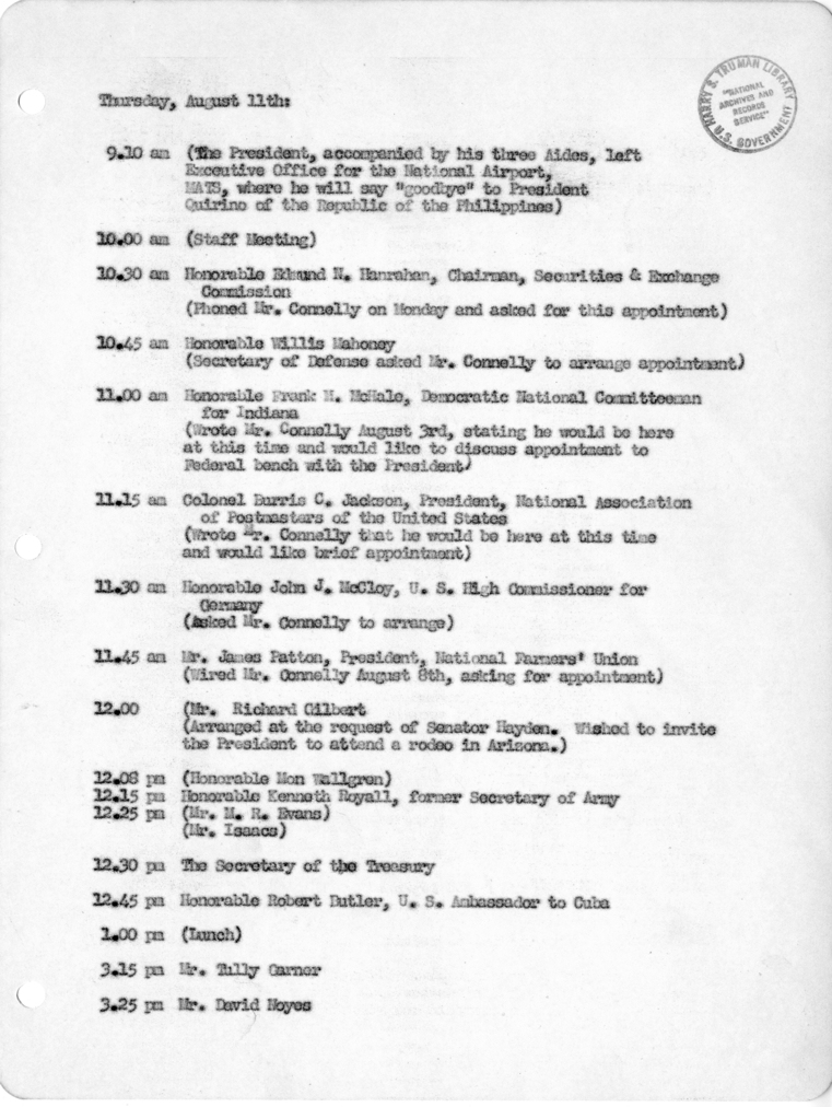 Daily Appointment Sheet for President Harry S. Truman