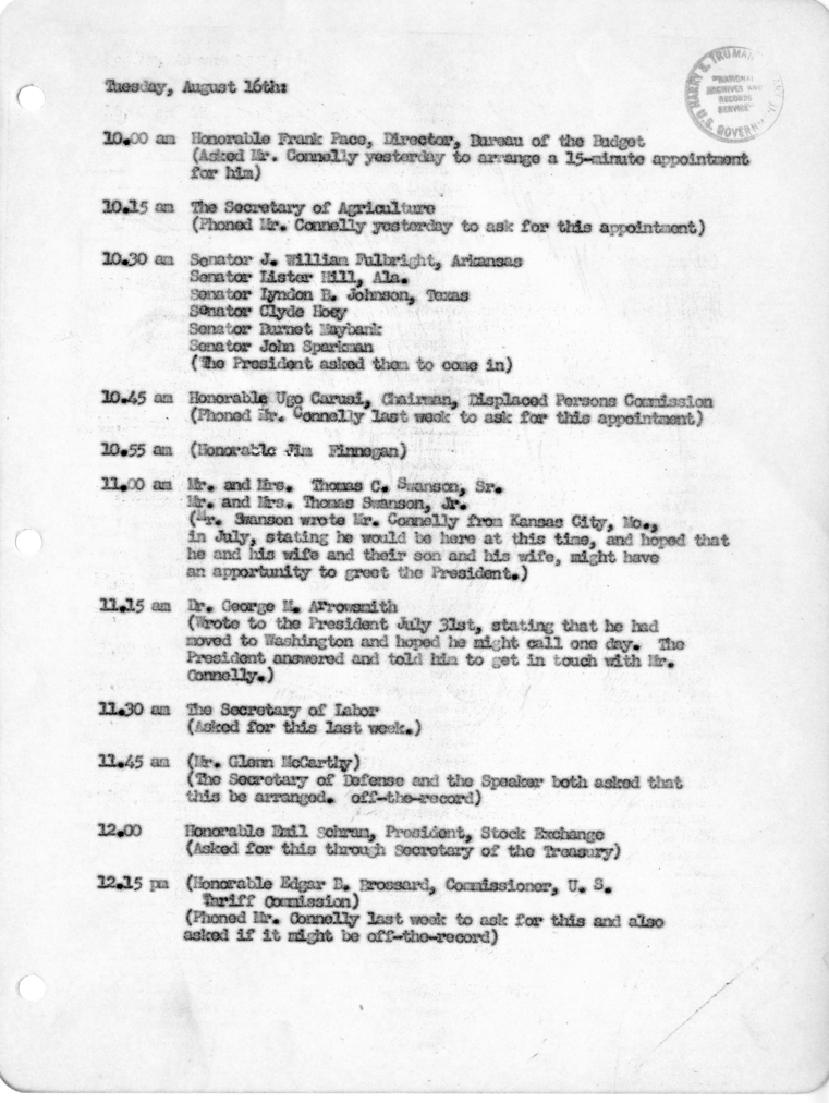 Daily Appointment Sheet for President Harry S. Truman