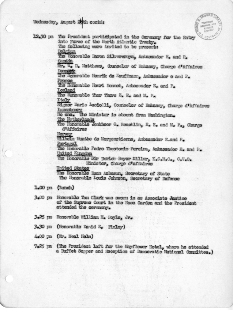 Daily Appointment Sheet for President Harry S. Truman