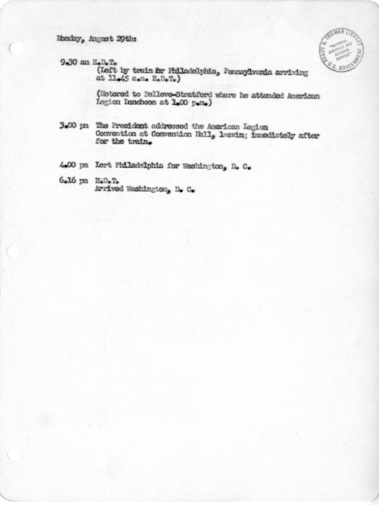 Daily Appointment Sheet for President Harry S. Truman