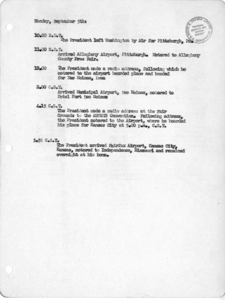 Daily Appointment Sheet for President Harry S. Truman