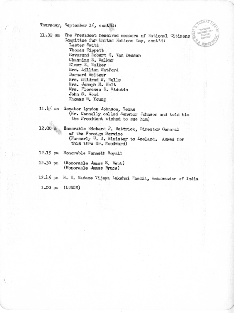 Daily Appointment Sheet for President Harry S. Truman