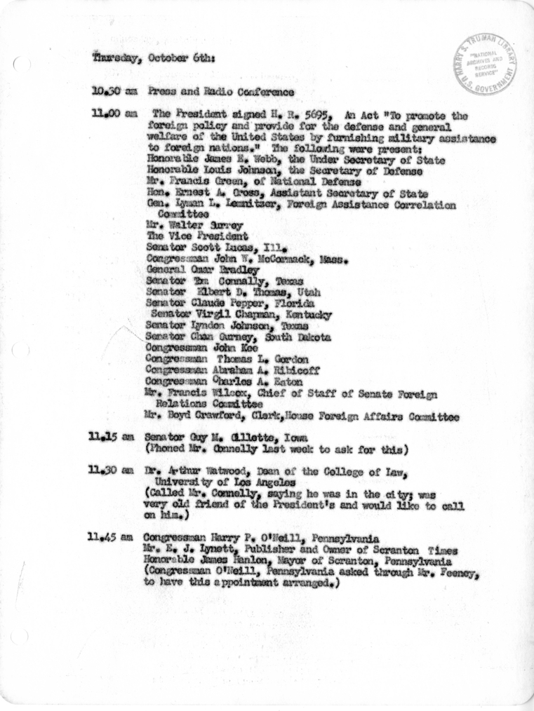 Daily Appointment Sheet for President Harry S. Truman