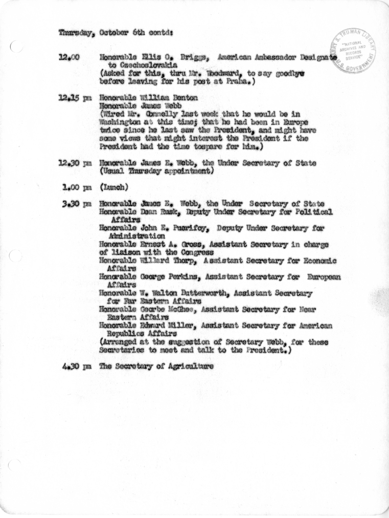 Daily Appointment Sheet for President Harry S. Truman