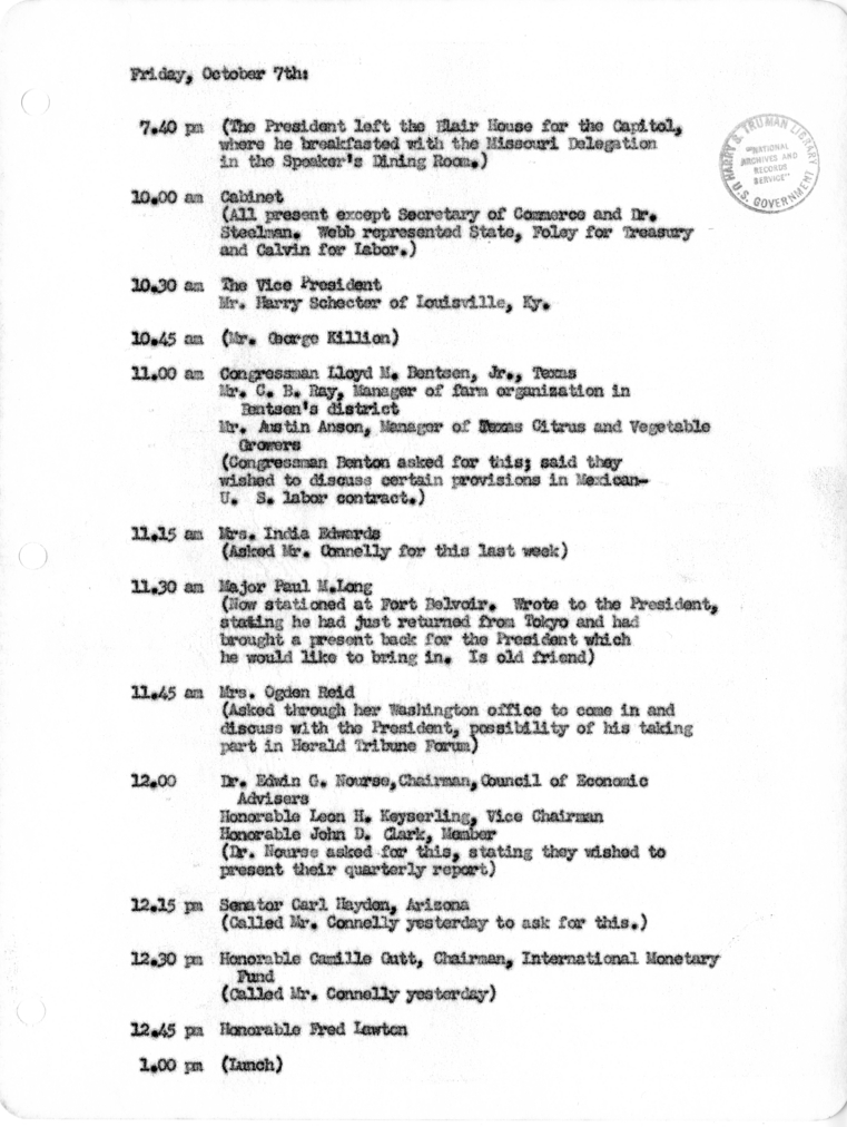 Daily Appointment Sheet for President Harry S. Truman