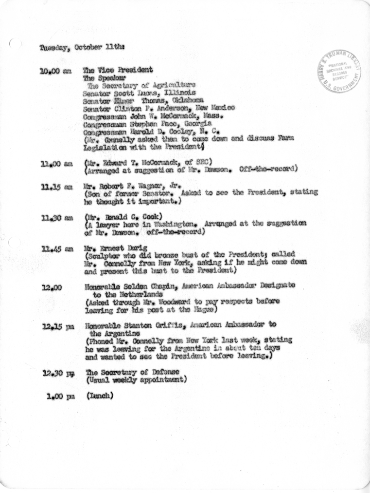 Daily Appointment Sheet for President Harry S. Truman