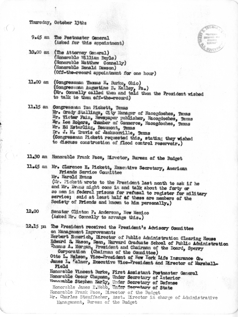 Daily Appointment Sheet for President Harry S. Truman